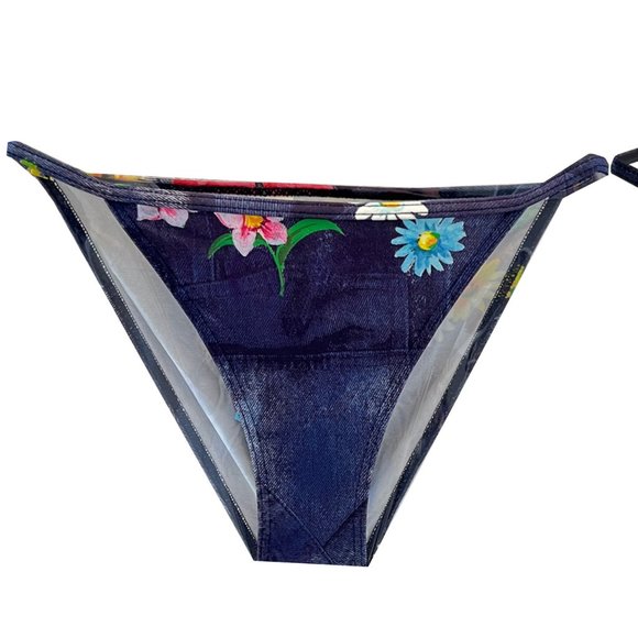 Vintage 90s Denim Floral High-Waist Bikini Set, String Halter Top Deadstock - Picture 4 of 5